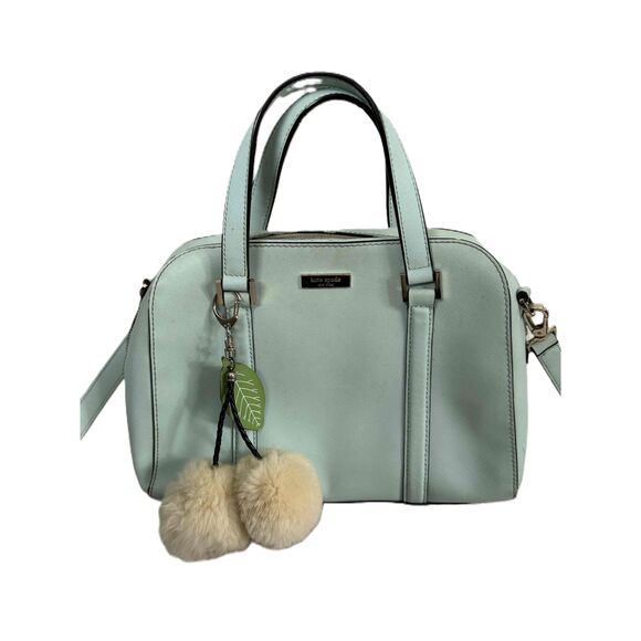 Kate Spade Light Blue Satchel Handbag Shoulder Strap PomPom Charm Vintage Spring - Picture 2 of 16
